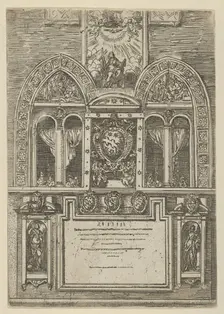 Facade of the Palazzo del Senato in Bologna with the Papal arms at center, with temporary ..., 1598. Creator: Guido Reni