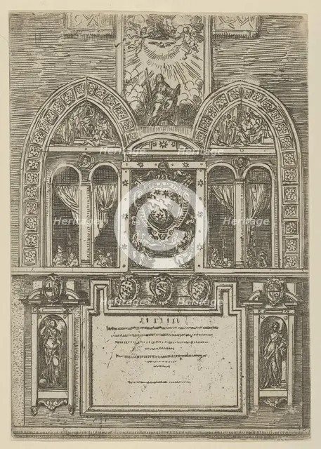 Facade of the Palazzo del Senato in Bologna with the Papal arms at center, with temporary ..., 1598. Creator: Guido Reni.