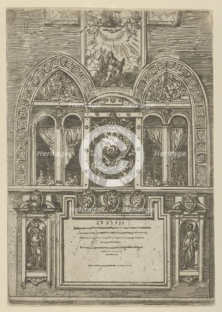 Facade of the Palazzo del Senato in Bologna with the Papal arms at center, with temporary ..., 1598. Creator: Guido Reni.