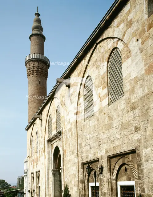 Facade and minaret, Grand Mosque of Bursa (Ulu Camii), Bursa, Asia Minor, Turkey, 1999. Creator: LTL.