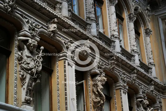 Facade and statues, "The Passage", hotel and mall, Odessa, Ukraine, 2011.  Creator: LTL.