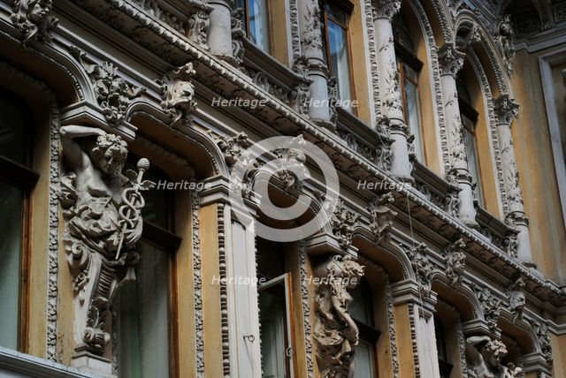 Facade and statues, "The Passage", hotel and mall, Odessa, Ukraine, 2011.  Creator: LTL.