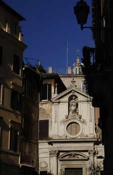 Façade, Church of Santa Barbara dei Librai (consecrated 1306), Rome, Italy, 2022. Creator: LTL