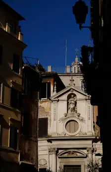 Façade, Church of Santa Barbara dei Librai (consecrated 1306), Rome, Italy, 2022. Creator: LTL