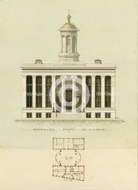 Façade Design and Old Plan for the First Merchant's Exchange, New York..., ca. 1829. Creator: Alexander Jackson Davis.