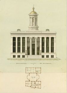 Façade Design and Old Plan for the First Merchant's Exchange, New York..., ca. 1829. Creator: Alexander Jackson Davis