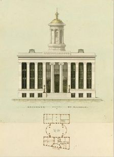 Façade Design and Old Plan for the First Merchant's Exchange, New York..., ca. 1829. Creator: Alexander Jackson Davis