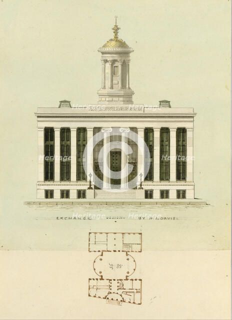 Façade Design and Old Plan for the First Merchant's Exchange, New York..., ca. 1829. Creator: Alexander Jackson Davis.