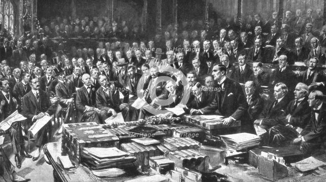 ''Face a L'agresseur, La séance historique du 3 aout 1914 a la Chambre des Communes', 1914. Creator: Samuel Begg.
