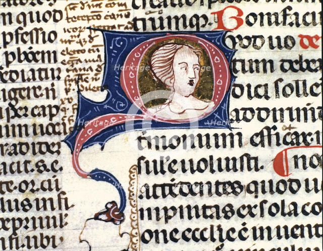Face of a lady, illuminated initial letter of 'Decretals' (Liber sextus decretalium cum Apparatu …