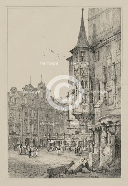 Facisimilies of Sketches made in Flanders and Germany: Hotel de Ville, Prague, 1833. Creator: Samuel Prout (British, 1783-1852).