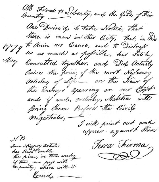 Facsimile of a declaration about the scarcity of food in America, 1779 (c1880). Artist: Unknown