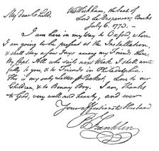 Facsimile of a letter from Benjamin Franklin to his wife, 1773 (c1880)