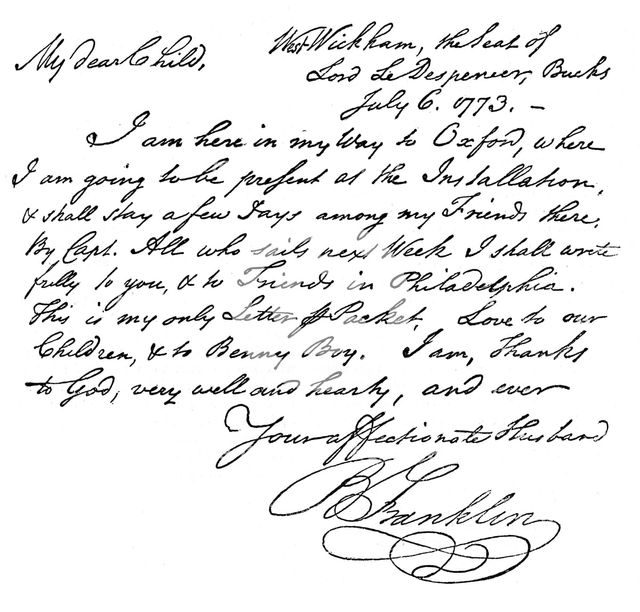 Facsimile of a letter from Benjamin Franklin to his wife, 1773 (c1880). Artist: Unknown