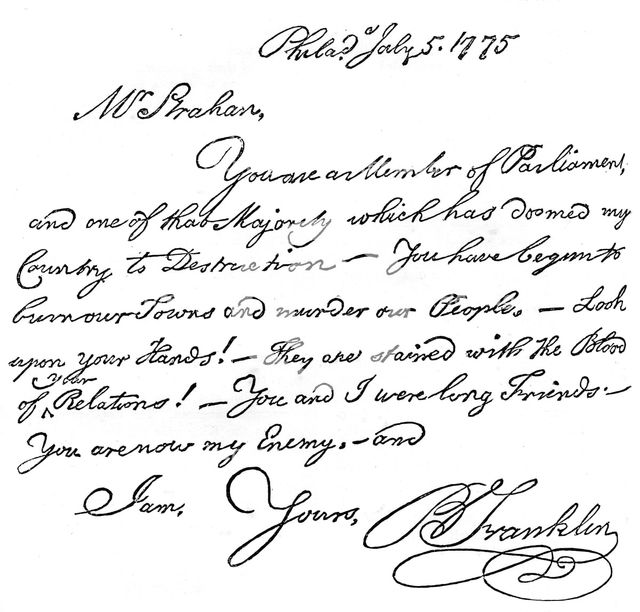 Facsimile of a letter from Benjamin Franklin to Mr Strahan, 1775 (c1880). Artist: Unknown