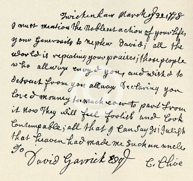 'Facsimile of autograph letter by Kitty Clive', 1907. Artist: Unknown.