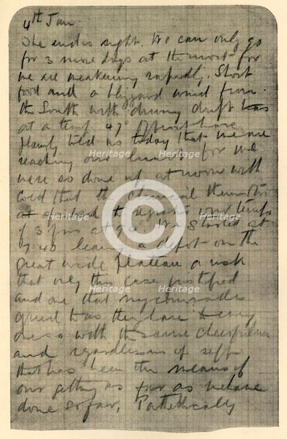 'Facsimile of Page of Shackleton's Diary', 4 January 1909. Artist: Unknown.