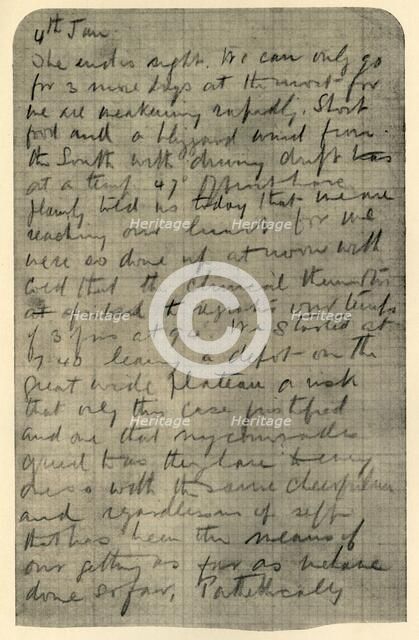 'Facsimile of Page of Shackleton's Diary', 4 January 1909. Artist: Unknown.