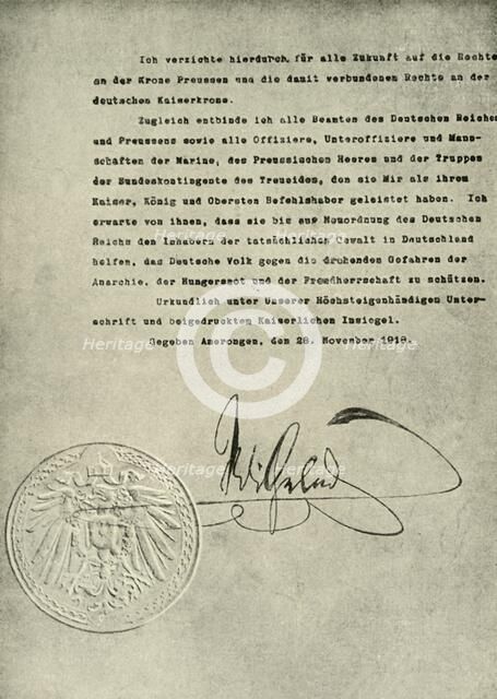 'Facsimile of the Deed of Abdication of the German Emperor, William II', 1919, (c1920). Creator: Unknown.