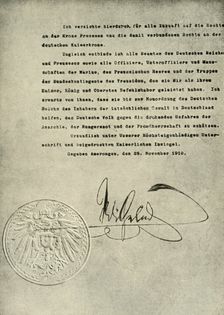 Facsimile of the Deed of Abdication of the German Emperor, William II 1919, (c1920). Creator: Unknown
