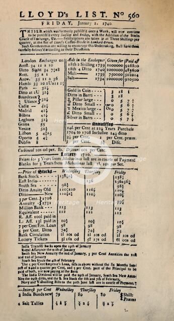 'Facsimile of the Earliest Extant Copy of Lloyd's List', c1740s, (1928). Artist: Unknown.