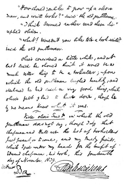 Facsimile of the inscription in a copy of The Pickwick Papers, 1839 (1912). Artist: Unknown