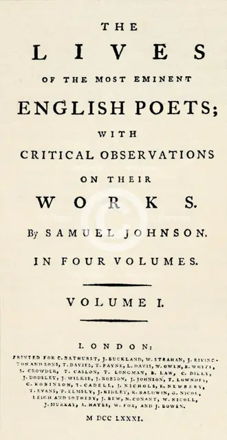 'Facsimile title-page (reduced) of Johnson's Lives of the Poets - as re-issued in separate form. T Artist: Unknown.