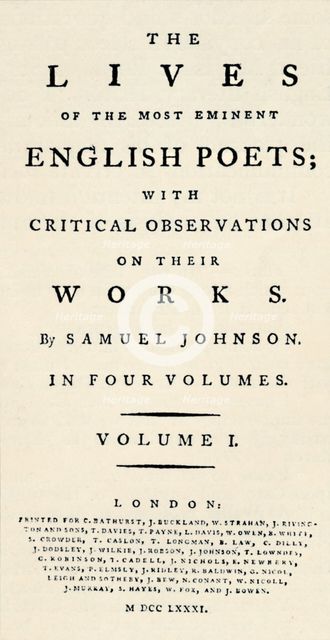 'Facsimile title-page (reduced) of Johnson's Lives of the Poets - as re-issued in separate form. T Artist: Unknown.