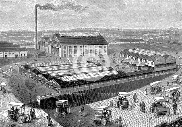 Factory for making, recharging and servicing electric cabs, Aubervilliers, France, 1899. Artist: Unknown
