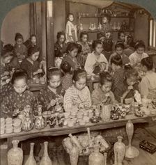 Factory girls decorating cheap pottery for the foreign markets, Kyoto, Japan, 1904. Artist: Underwood & Underwood