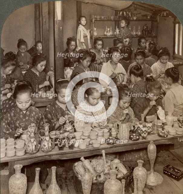 Factory girls decorating cheap pottery for the foreign markets, Kyoto, Japan, 1904. Artist: Underwood & Underwood