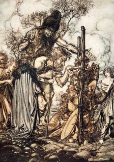 Fafner: Hey! Come hither, And stop me this cranny!' 1910. Creator: Arthur Rackham