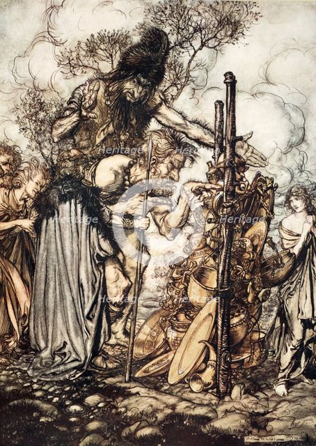 'Fafner: 'Hey! Come hither, And stop me this cranny!'', 1910.  Creator: Arthur Rackham.