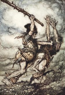 Fafner kills Fasolt 1910. Artist: Arthur Rackham