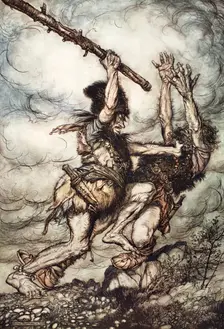 Fafner kills Fasolt 1910. Creator: Arthur Rackham