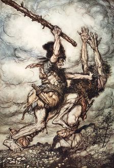 Fafner kills Fasolt 1910. Creator: Arthur Rackham
