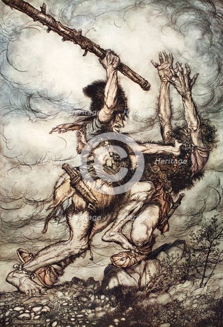 'Fafner kills Fasolt', 1910.  Creator: Arthur Rackham.