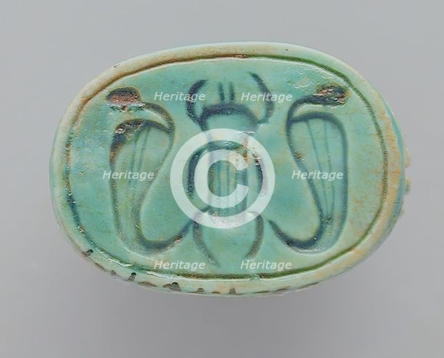 Faience Scarab Depicting a Beetle Flanked by Cobras, 18th-26th dynasties (1569-525 BCE) or modern. Creator: Unknown.