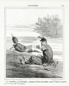 Fais attention, si tu t'étends, je pourrai bien m'étendre aussi! On ne se couche pas les..., 1864. Creator: Cham