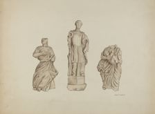 Faith, Hope and Charity: Stone Figures from Facade of Mission, 1936. Creator: Edward Jewett