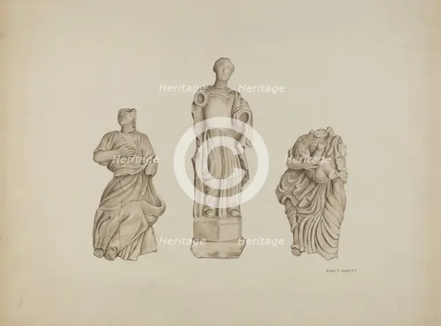 Faith, Hope and Charity: Stone Figures from Facade of Mission, 1936. Creator: Edward Jewett.