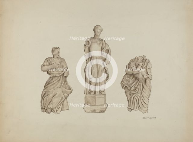 Faith, Hope and Charity: Stone Figures from Facade of Mission, 1936. Creator: Edward Jewett.