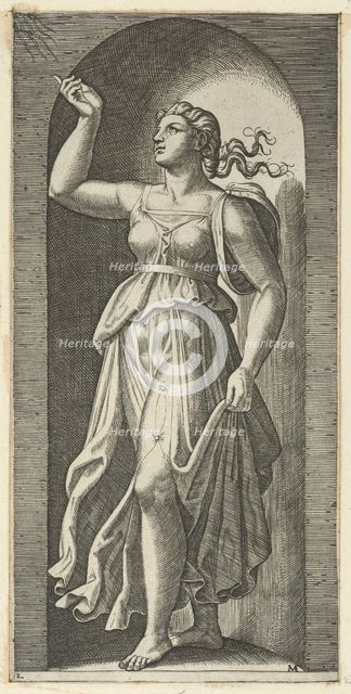 Faith personified by a woman standing in a niche, pointing to rays in the upper lef..., ca. 1515-25. Creator: Marcantonio Raimondi.