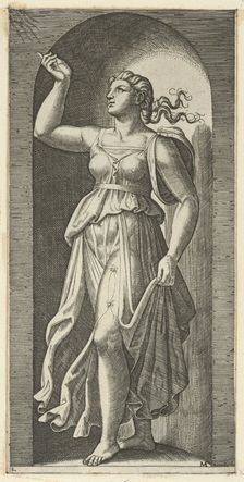Faith personified by a woman standing in a niche, pointing to rays in the upper lef..., ca. 1515-25. Creator: Marcantonio Raimondi