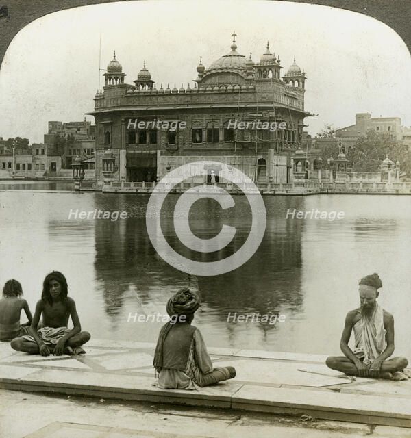Fakirs at Amritsar, looking south across the Sacred Tank to the Golden Temple, India, c1900s(?)Artist: Underwood & Underwood