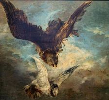Falcon Attacking a Pigeon, 1844. Creator: Menzel, Adolph Friedrich, von (1815-1905)