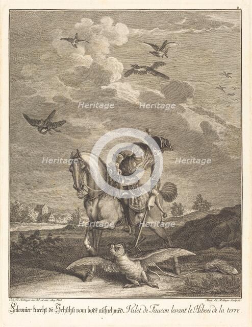 Falconeer Lifting an Owl from the Ground. Creator: Johann Elias Ridinger.