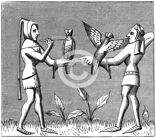 Falconers dressing their birds, 14th century (1849). Artist: Unknown