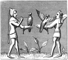 Falconers dressing their birds, 14th century (1849)