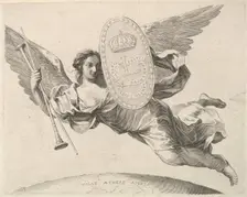 Fame Bearing a Shield with the Initial of Louis XIV (La Renommée volant). Creator: Claude Mellan